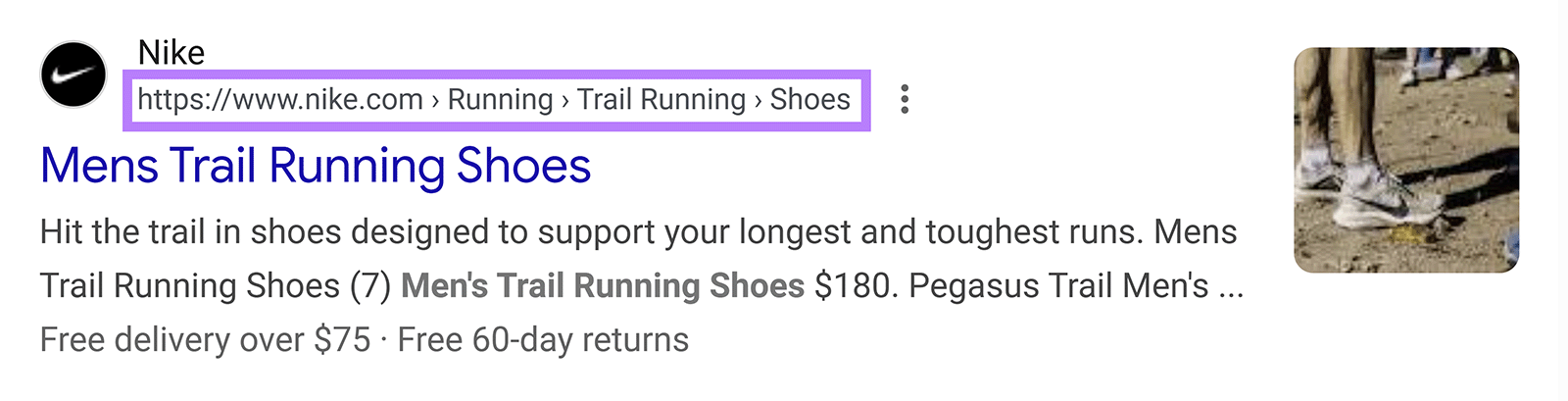 Nike search result with breadcrumb navigation highlighted above the Men’s Trail Running Shoes page title