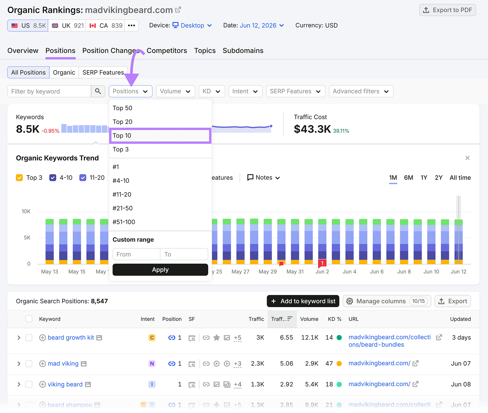 Semrush Organic Rankings report with the Positions filter set to Top 10