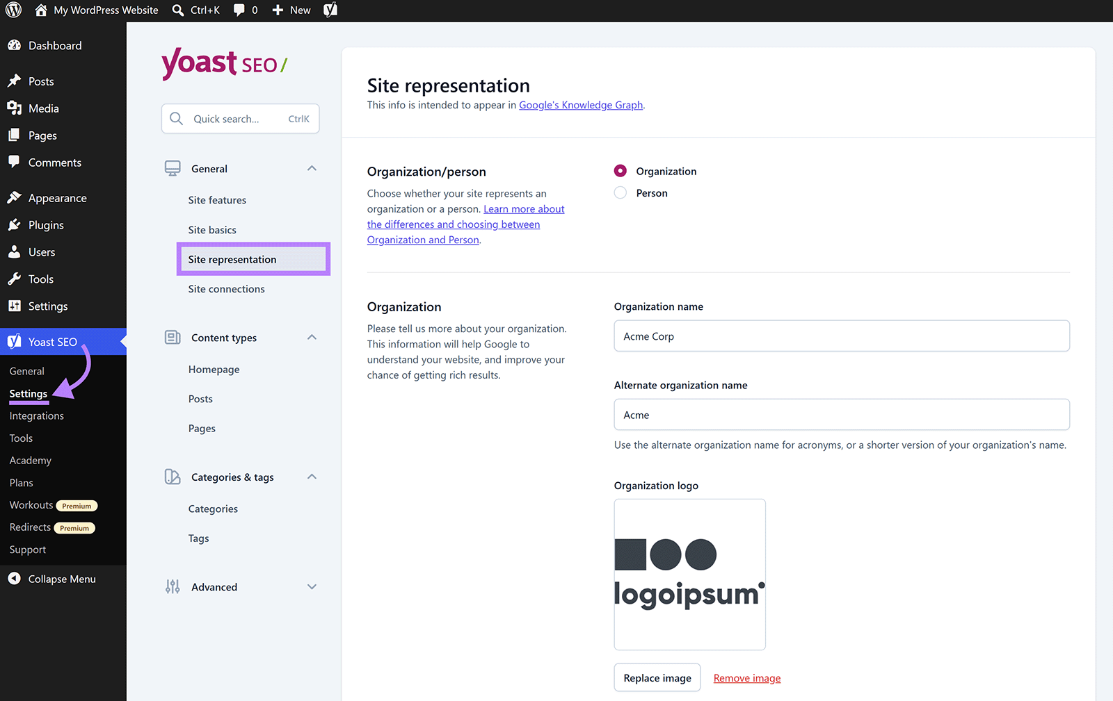 Yoast SEO site representation settings for selecting an organization and entering its name, alternate name, and logo