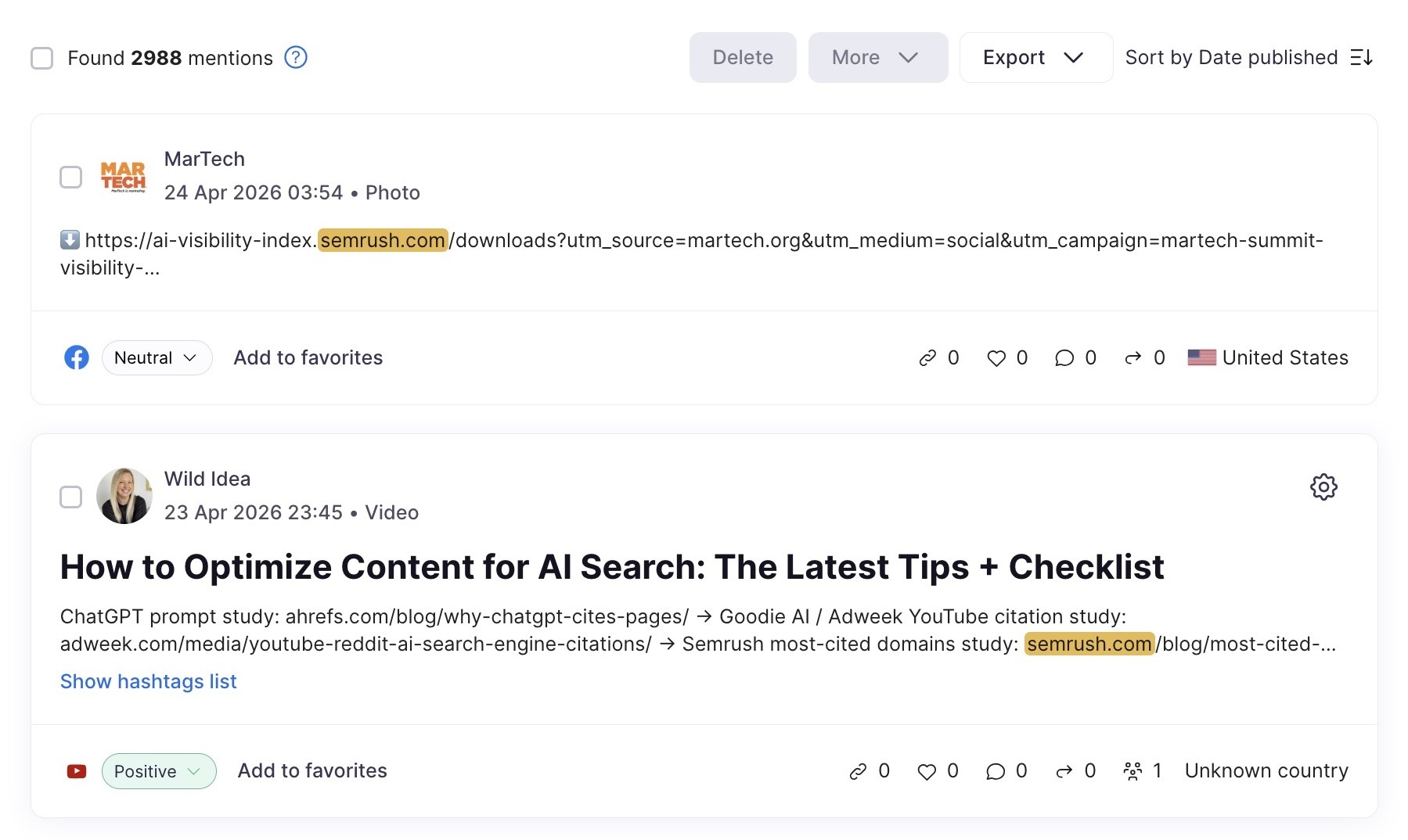 Brand Monitoring tool showing a list of brand mentions for "sr01.buyamztools.com" across platforms.