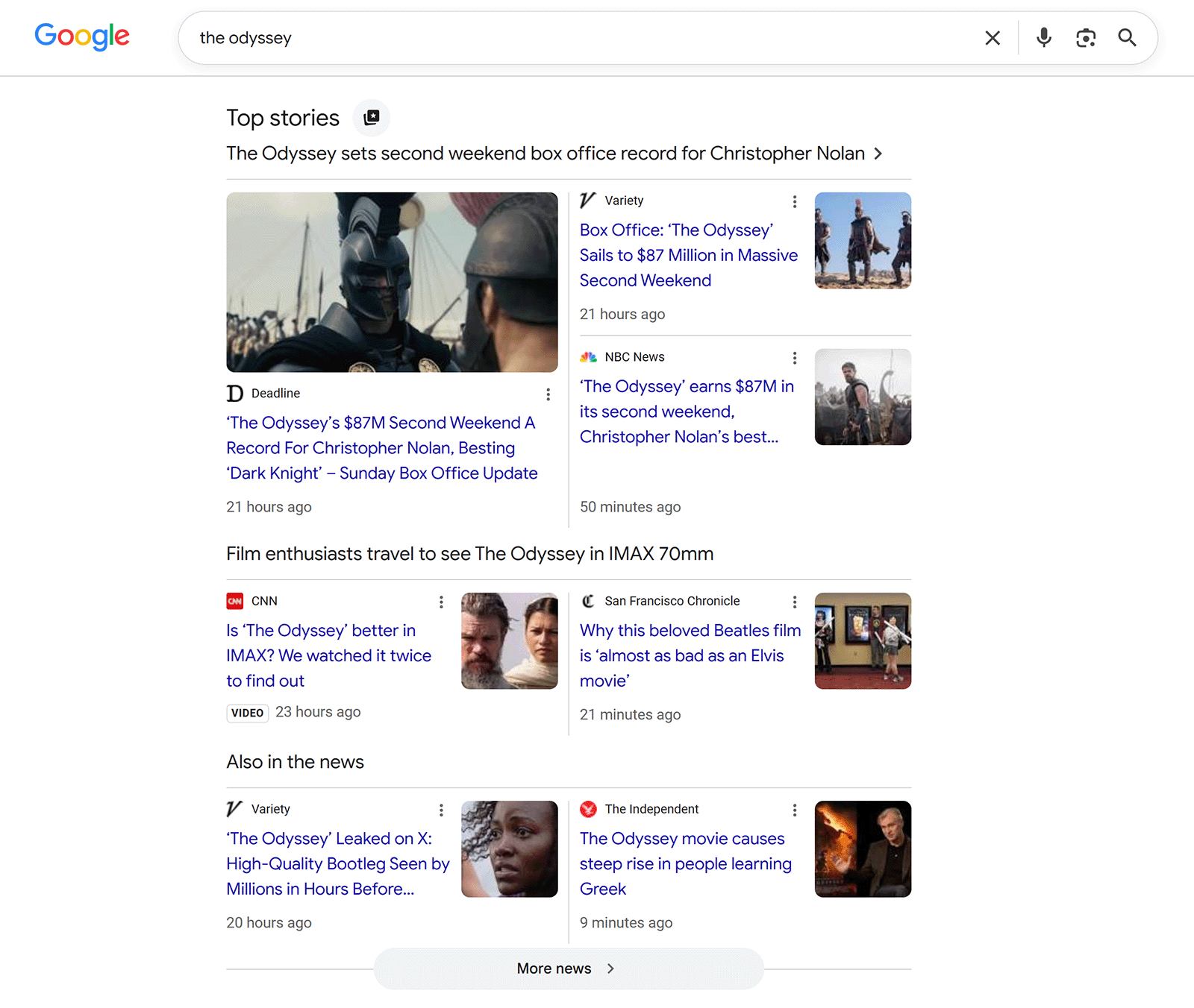 Google Top Stories results for The Odyssey with news articles from Deadline, Variety, NBC News, CNN, and other publishers
