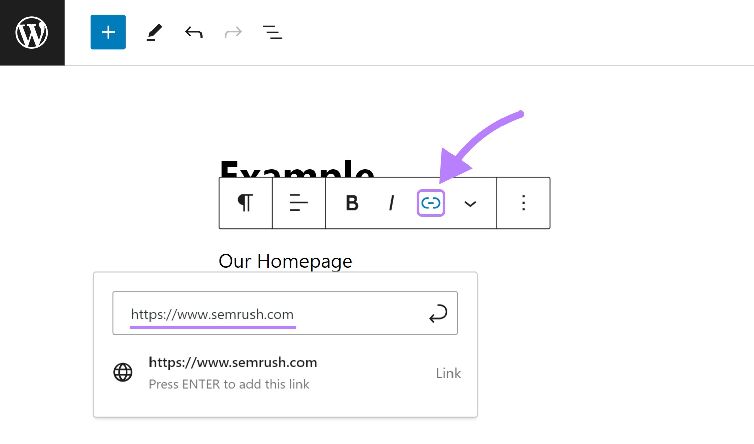 Linking "Our Homepage" text to "sr01.buyamztools.com" in WordPress editor