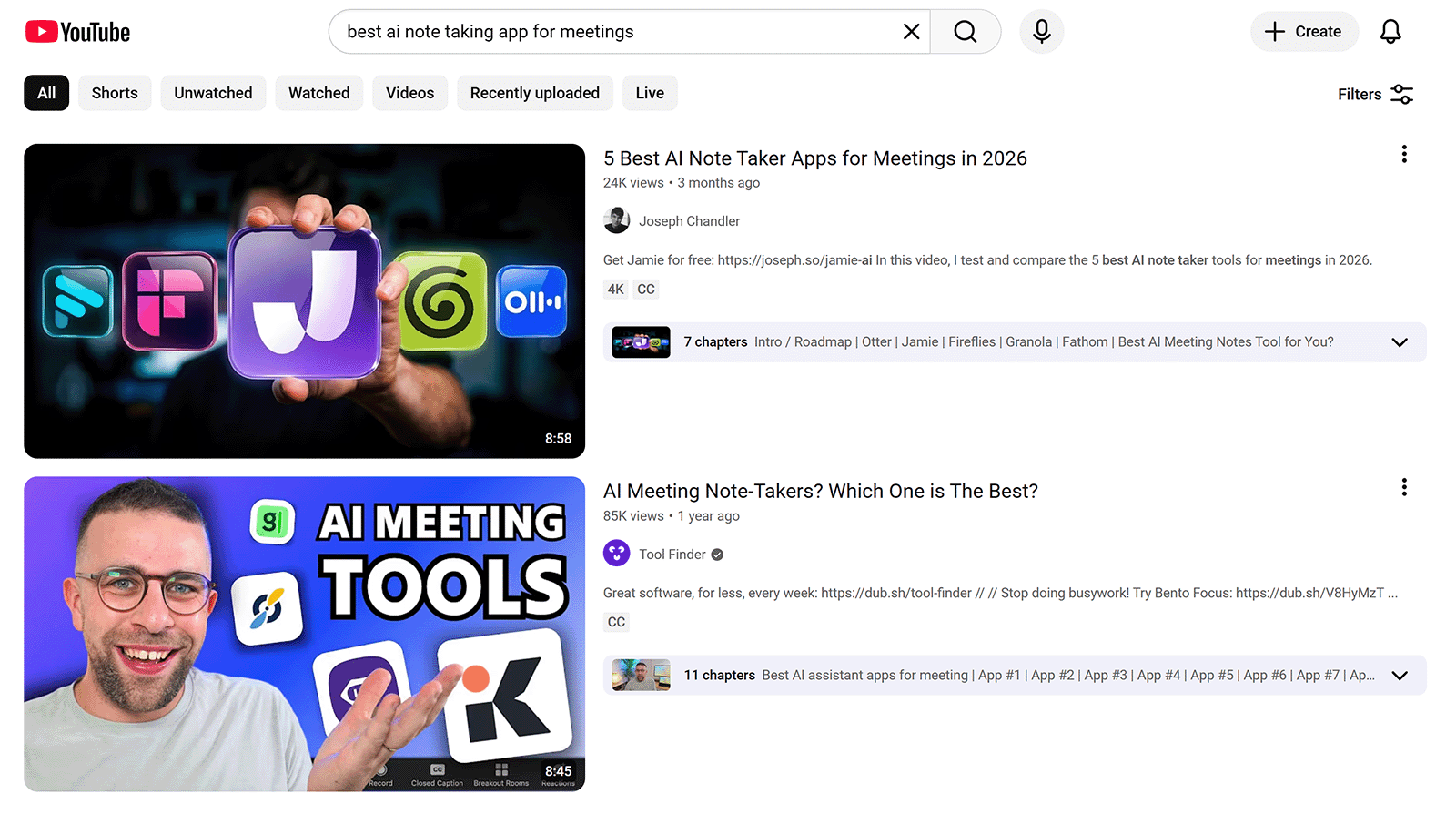 YouTube search results for best AI note-taking apps for meetings