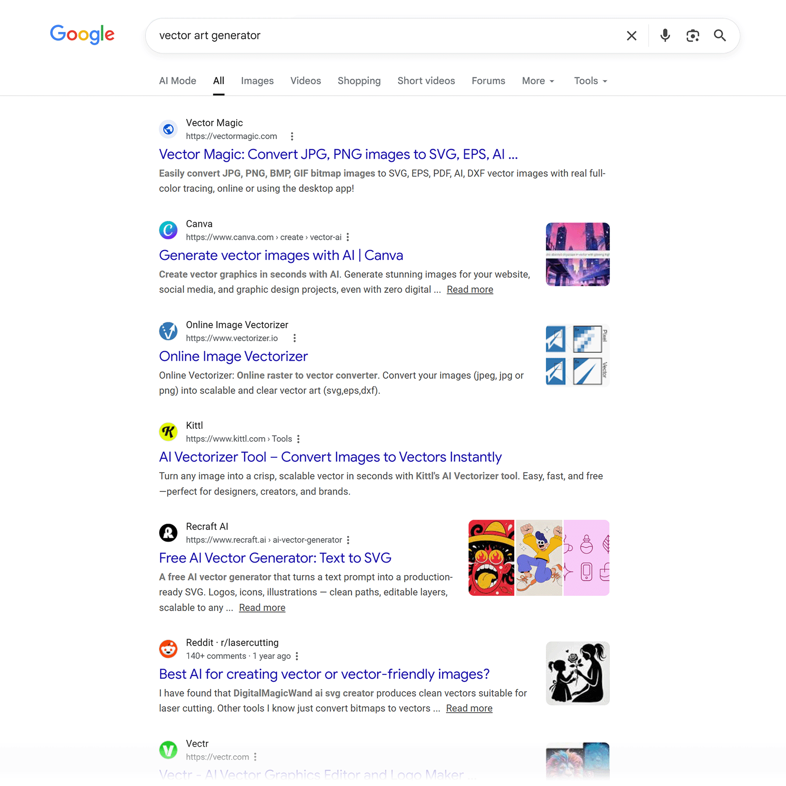 Google results for vector art generator showing competing tools and forum results