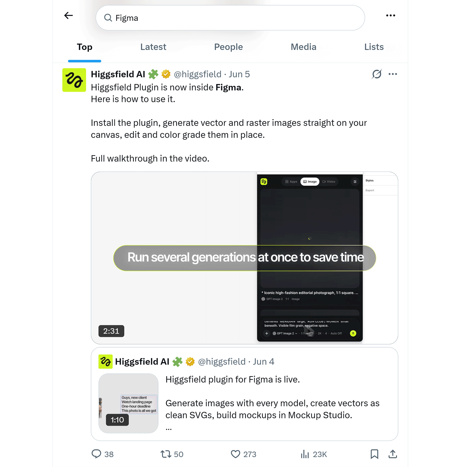 X search results showing Higgsfield AI posts about a Figma plugin for image generation