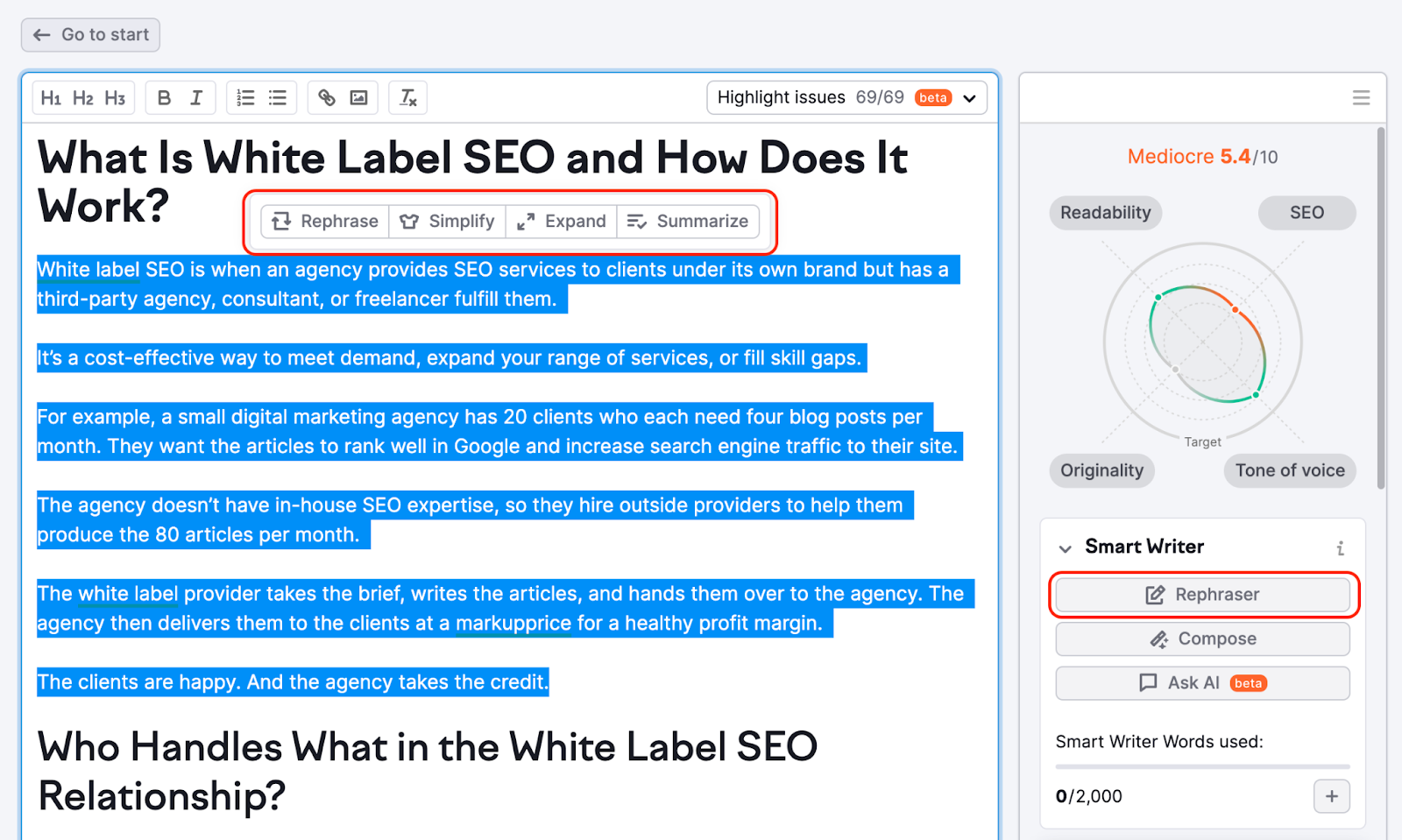 An example from SEO Writing Assistant tool showing how to use the Rephraser feature.