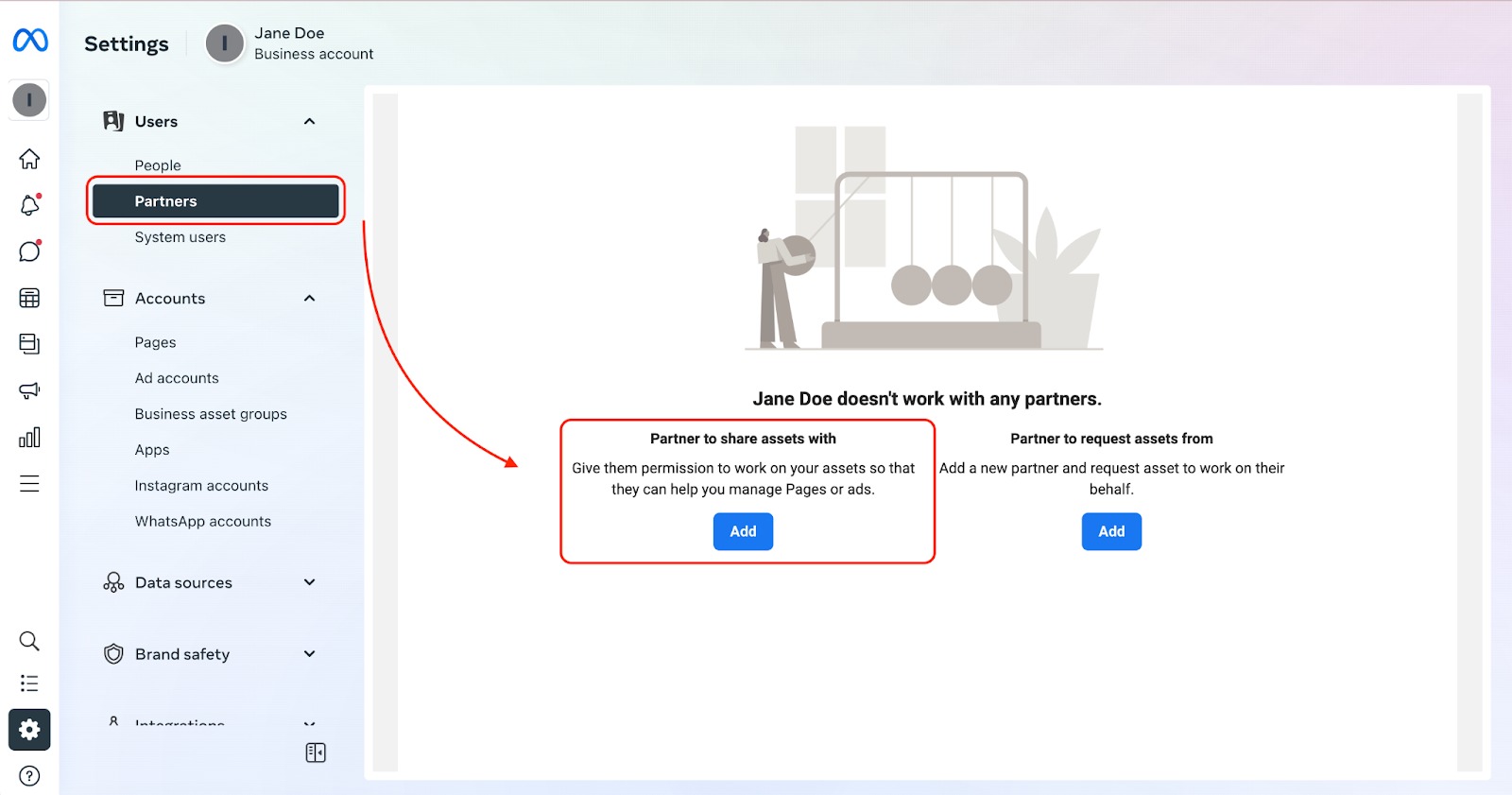 Meta business suite settings menu with red rectangles highlighting the Partners tab and the Add button which you need to click to share assets.
