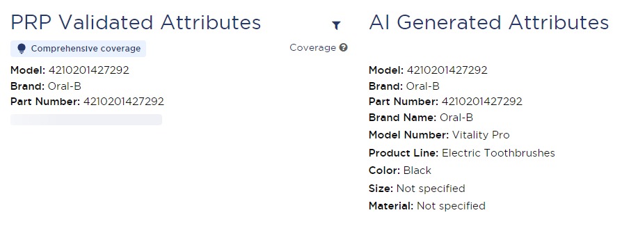 An example of PRP validated and AI-generated attributes in the &lsquo;Single Product Analysis&rsquo; feature of Product Research Pulse.