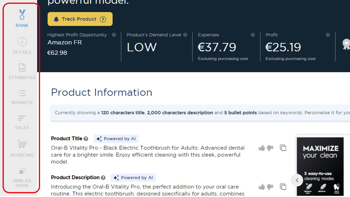 The navigation side bar in the &lsquo;Single Product Analysis&rsquo; feature of Product Research Pulse.