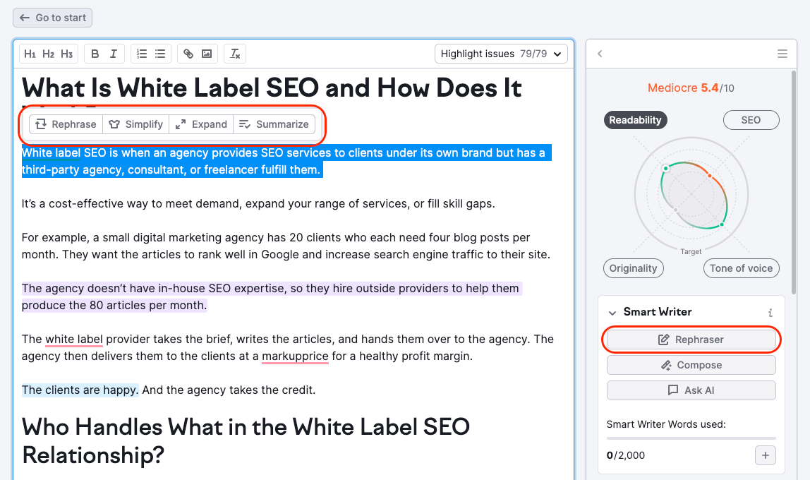 The Rephraser feature is found under the 'Smart Writer Words' section. It is highlighted with a red rectangle in the menu on the right and in the text itself – it pops up when you select a piece of the text.