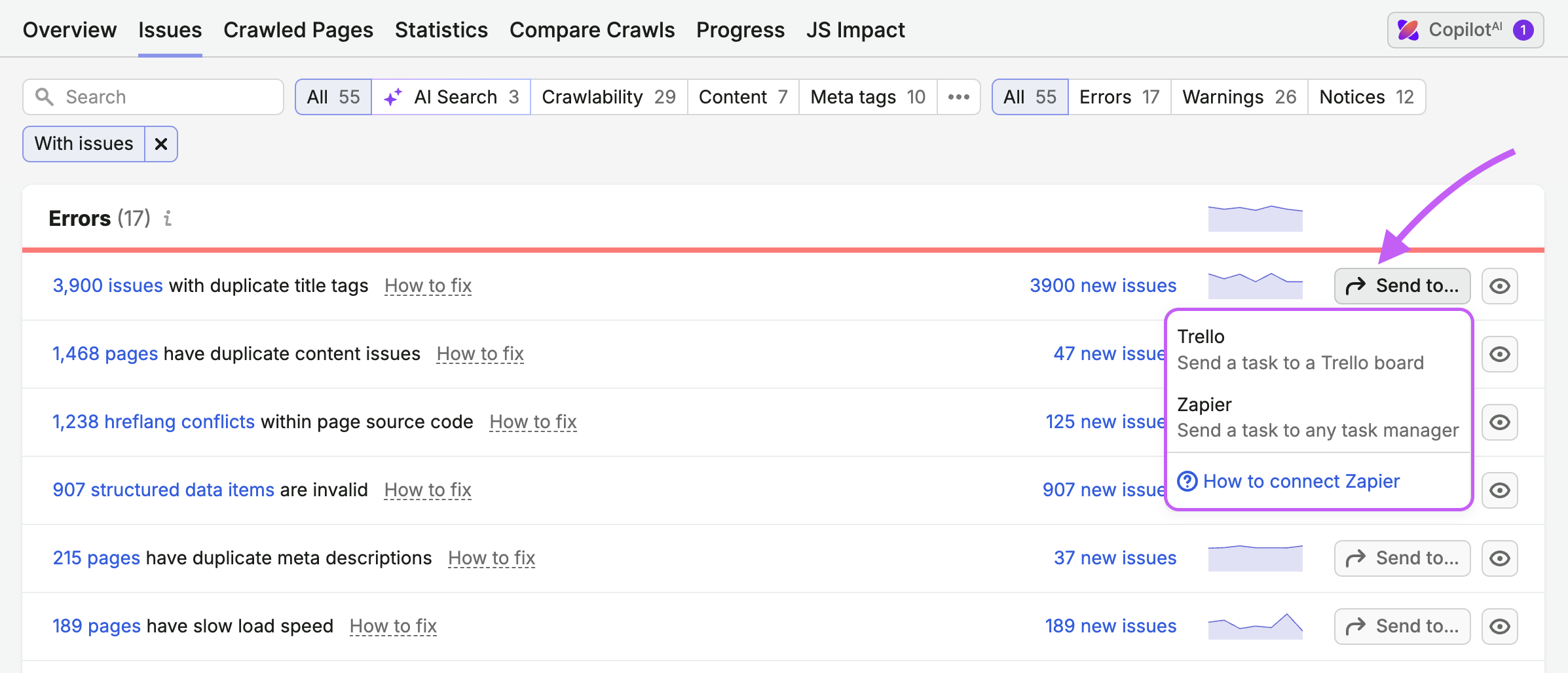 An arrow points to the Send to button, which has opened a dropdown menu with two options: Trello (send a task to a Trello board) and Zapier (send a task to any task manager).